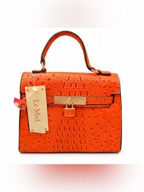 Orange Top-Handle Croc-Texture Satchel